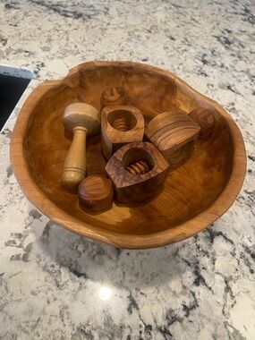 🌿 Olive Wood Live Edge Footed Bowl + Nut Cracker Set | Artisan Kitchen Décor